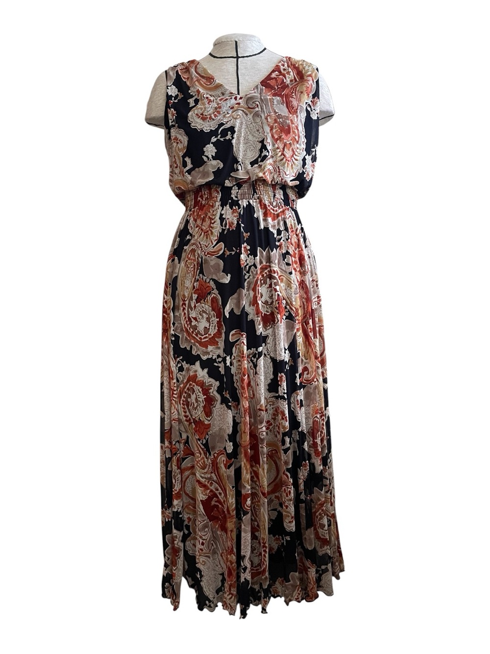 Sleeveless Black Maxi Dress with Rust Paisley Print